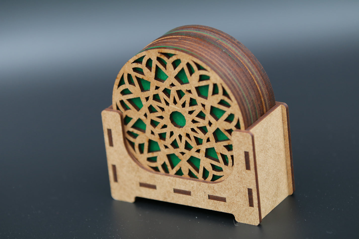 Elegant Geometric Laser-Cut Coaster Set with Holder