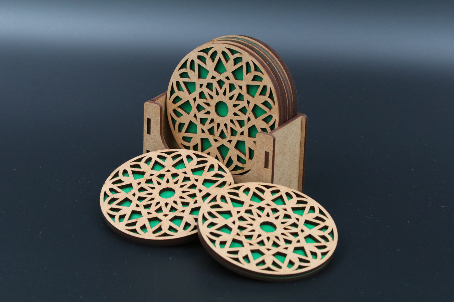 Elegant Geometric Laser-Cut Coaster Set with Holder