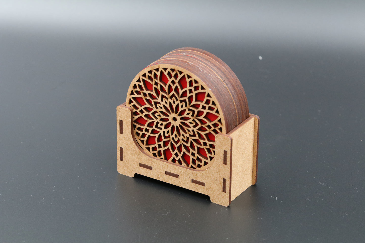 Elegant Geometric Laser-Cut Coaster Set with Holder