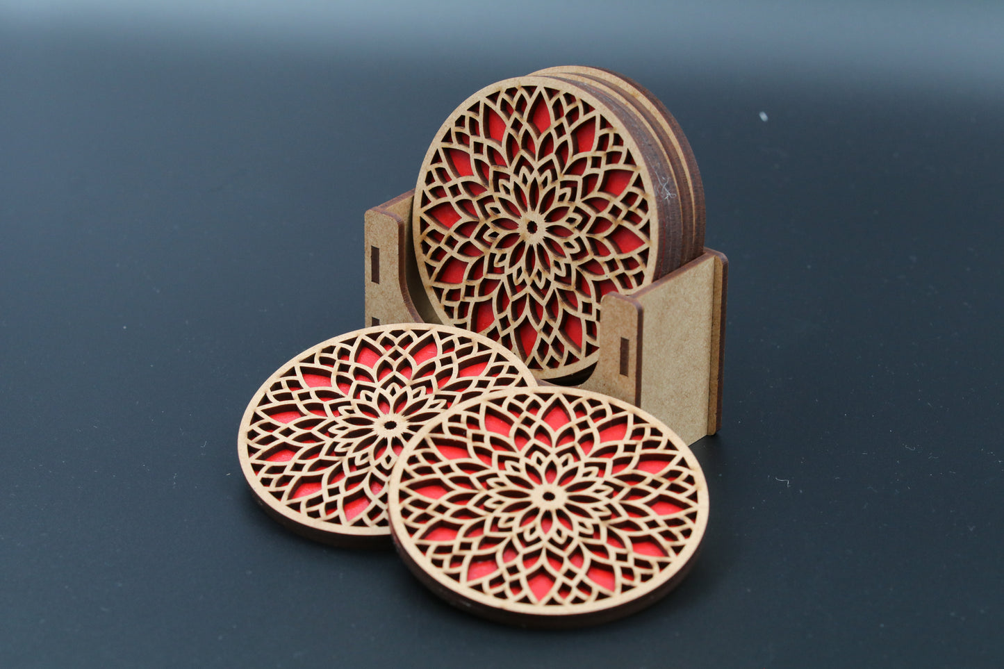 Elegant Geometric Laser-Cut Coaster Set with Holder